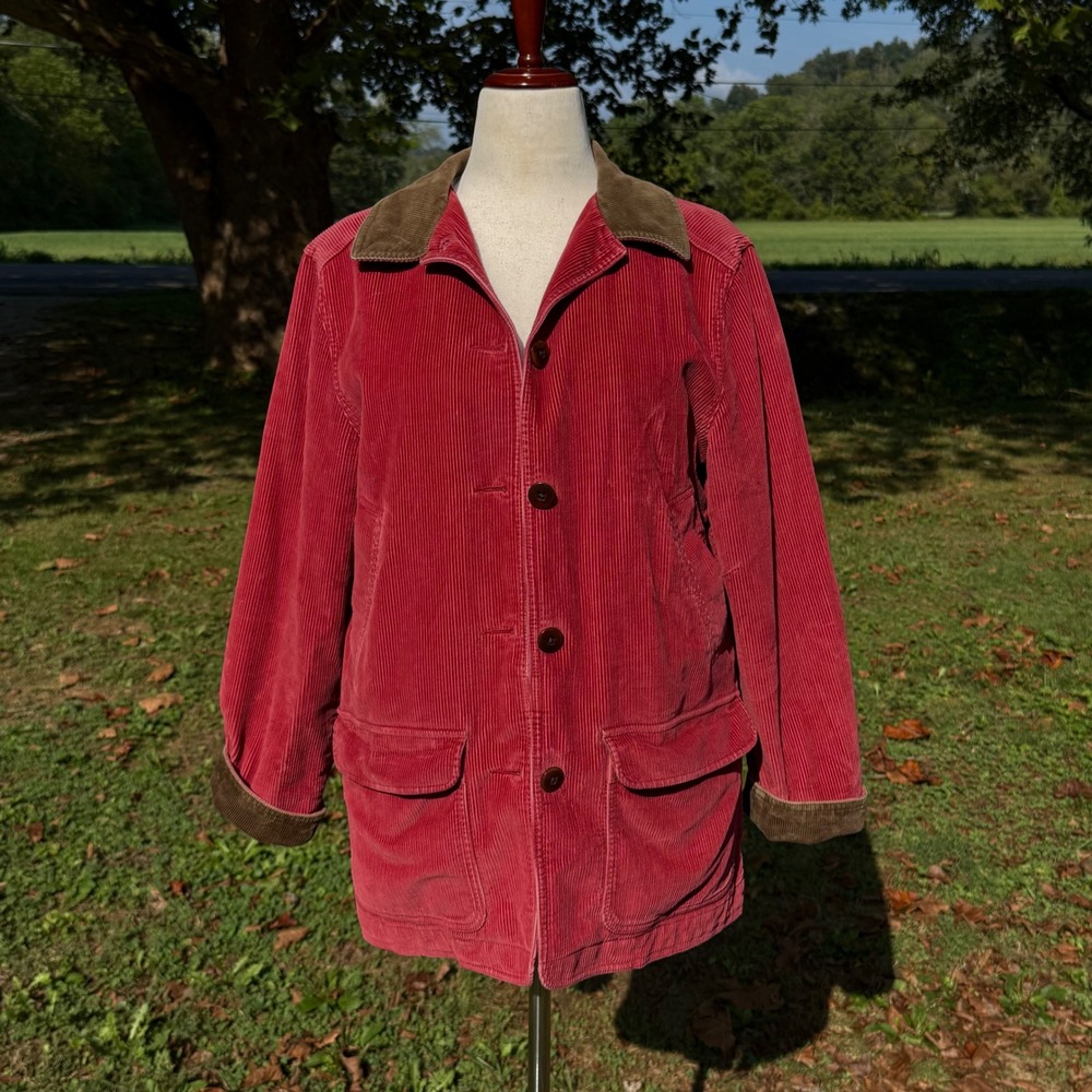 LL Bean Women Red Corduroy Barn Coat Jacket Size Medium Contrast Collar Utility